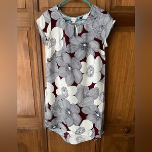Lightweight, maroon gray, and white flowered dress.